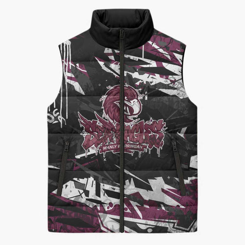 Personalized Manly Warringah Sea Eagles Sleeveless Puffer Jacket Graffiti Grunge Abstract Urban Street Style Design