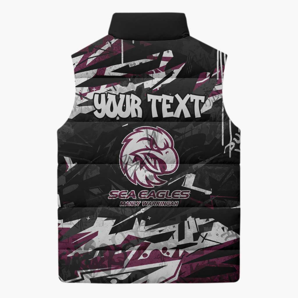 Personalized Manly Warringah Sea Eagles Sleeveless Puffer Jacket Graffiti Grunge Abstract Urban Street Style Design