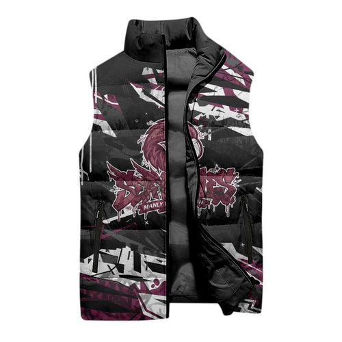 Personalized Manly Warringah Sea Eagles Sleeveless Puffer Jacket Graffiti Grunge Abstract Urban Street Style Design