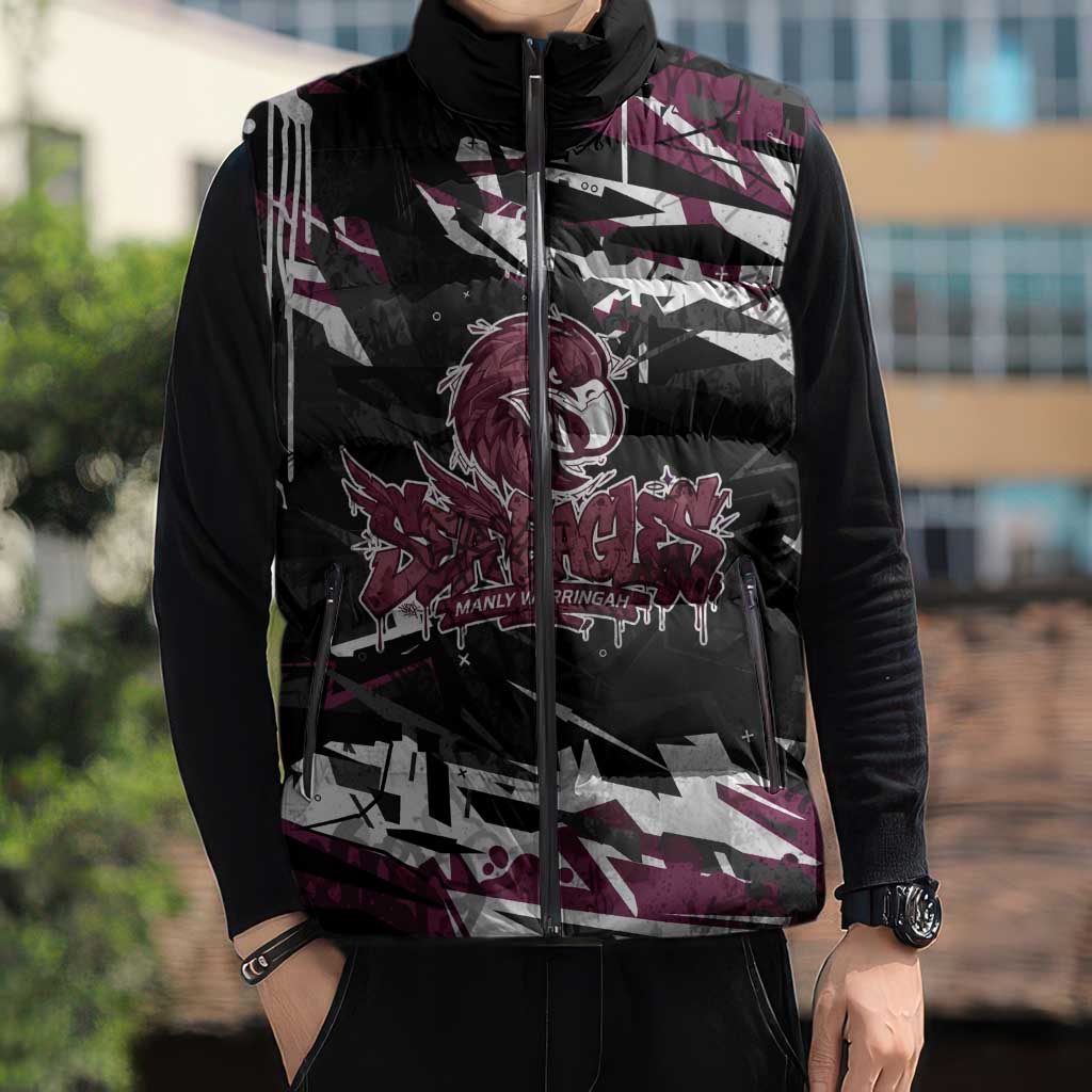 Personalized Manly Warringah Sea Eagles Sleeveless Puffer Jacket Graffiti Grunge Abstract Urban Street Style Design