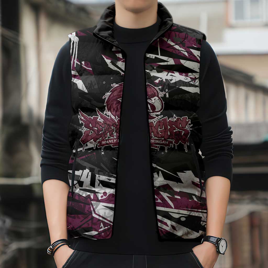 Personalized Manly Warringah Sea Eagles Sleeveless Puffer Jacket Graffiti Grunge Abstract Urban Street Style Design