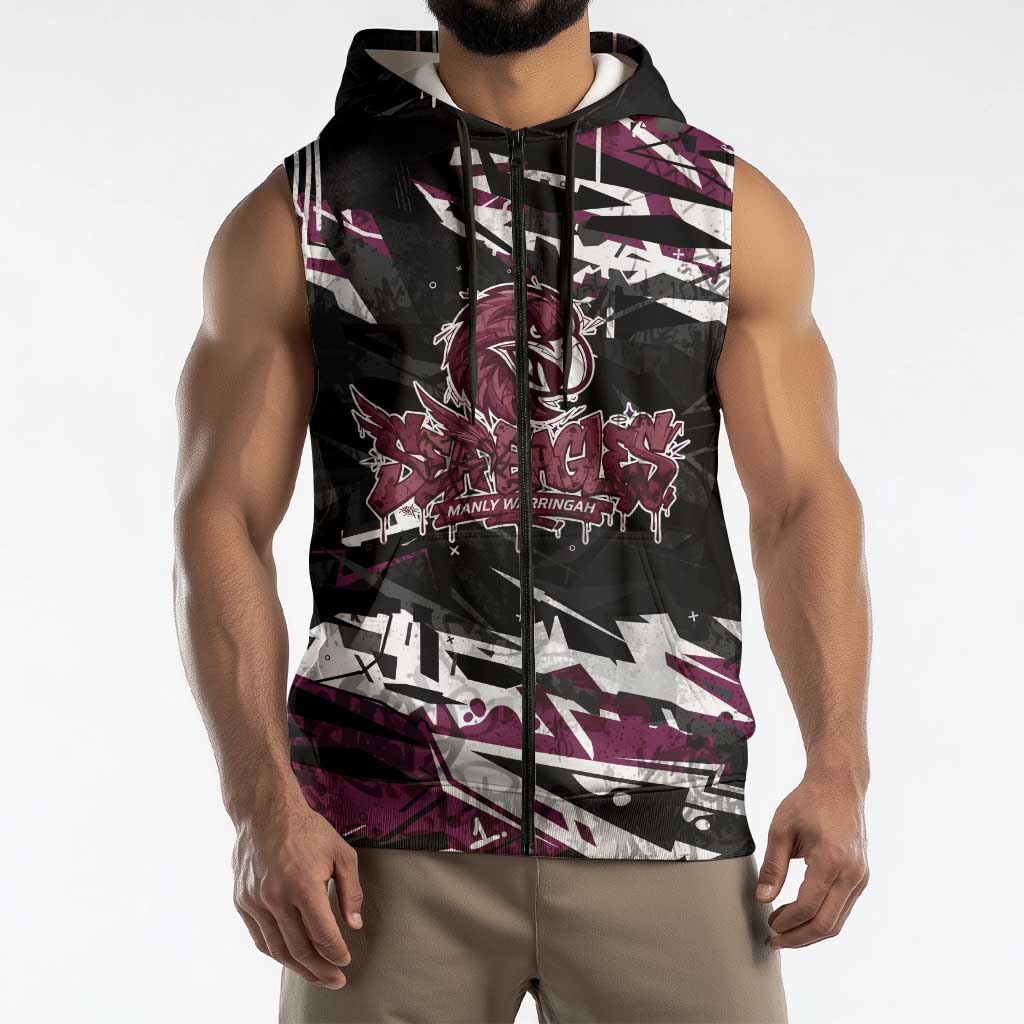 Personalized Manly Warringah Sea Eagles Sleeveless Zip Hoodie Graffiti Grunge Abstract Urban Street Style Design