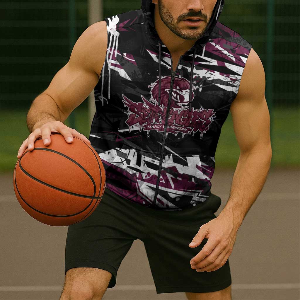 Personalized Manly Warringah Sea Eagles Sleeveless Zip Hoodie Graffiti Grunge Abstract Urban Street Style Design