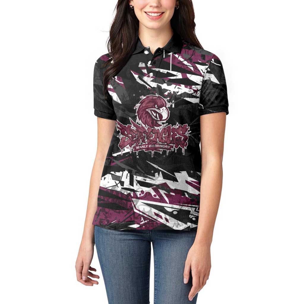 Personalized Manly Warringah Sea Eagles Women Polo Shirt Graffiti Grunge Abstract Urban Street Style Design