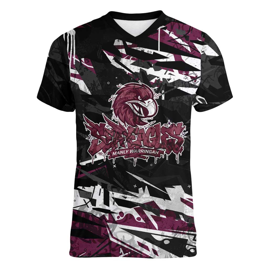 Personalized Manly Warringah Sea Eagles Women V-Neck T-Shirt Graffiti Grunge Abstract Urban Street Style Design