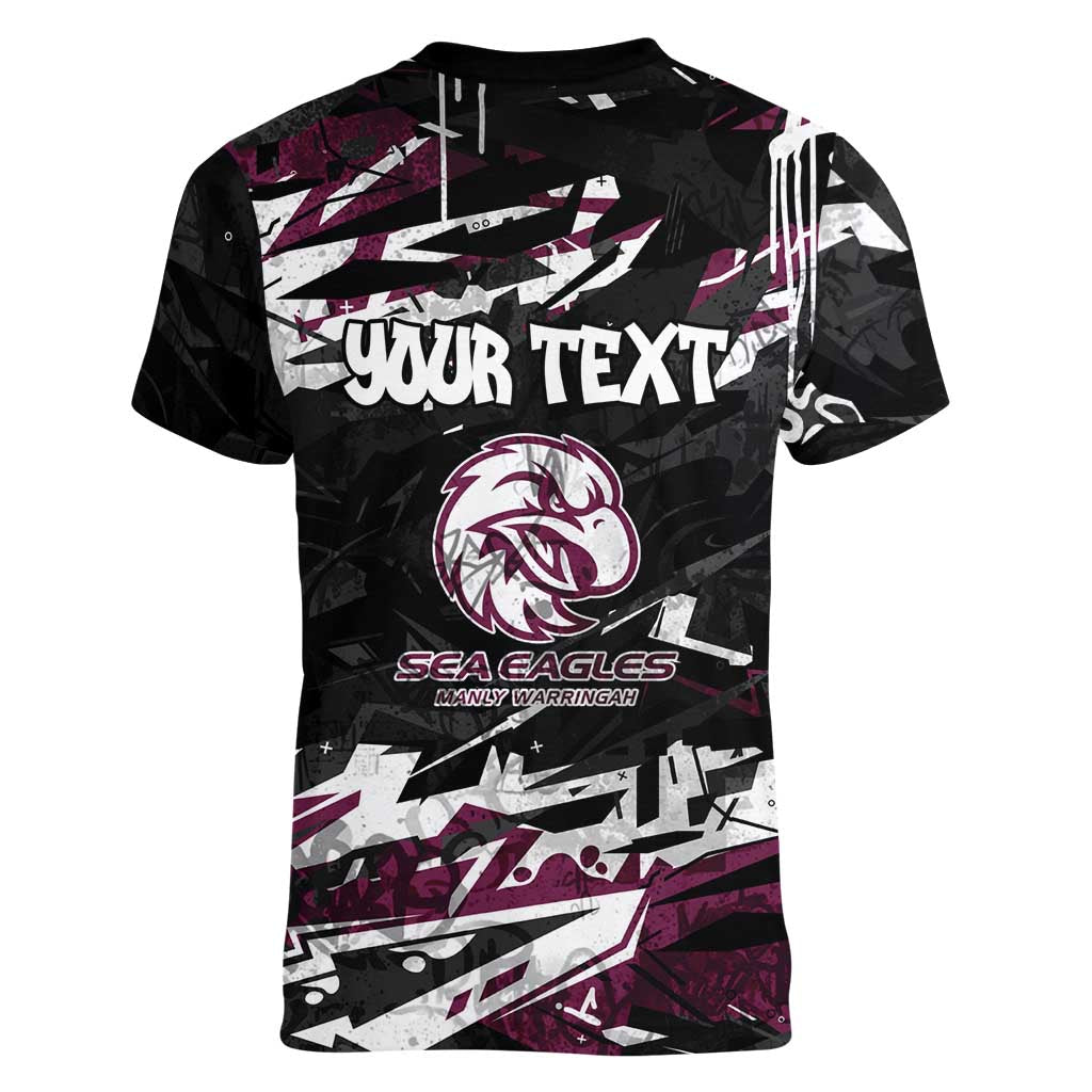 Personalized Manly Warringah Sea Eagles Women V-Neck T-Shirt Graffiti Grunge Abstract Urban Street Style Design