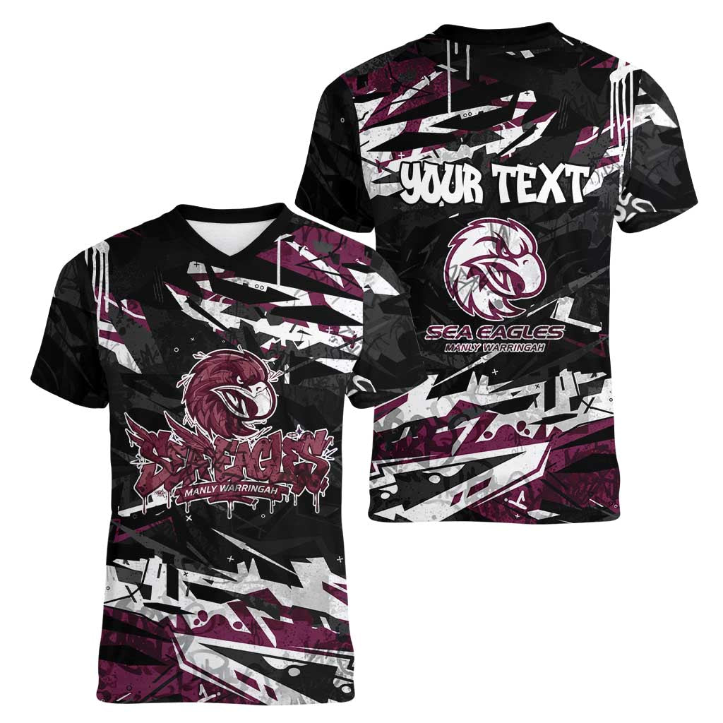 Personalized Manly Warringah Sea Eagles Women V-Neck T-Shirt Graffiti Grunge Abstract Urban Street Style Design