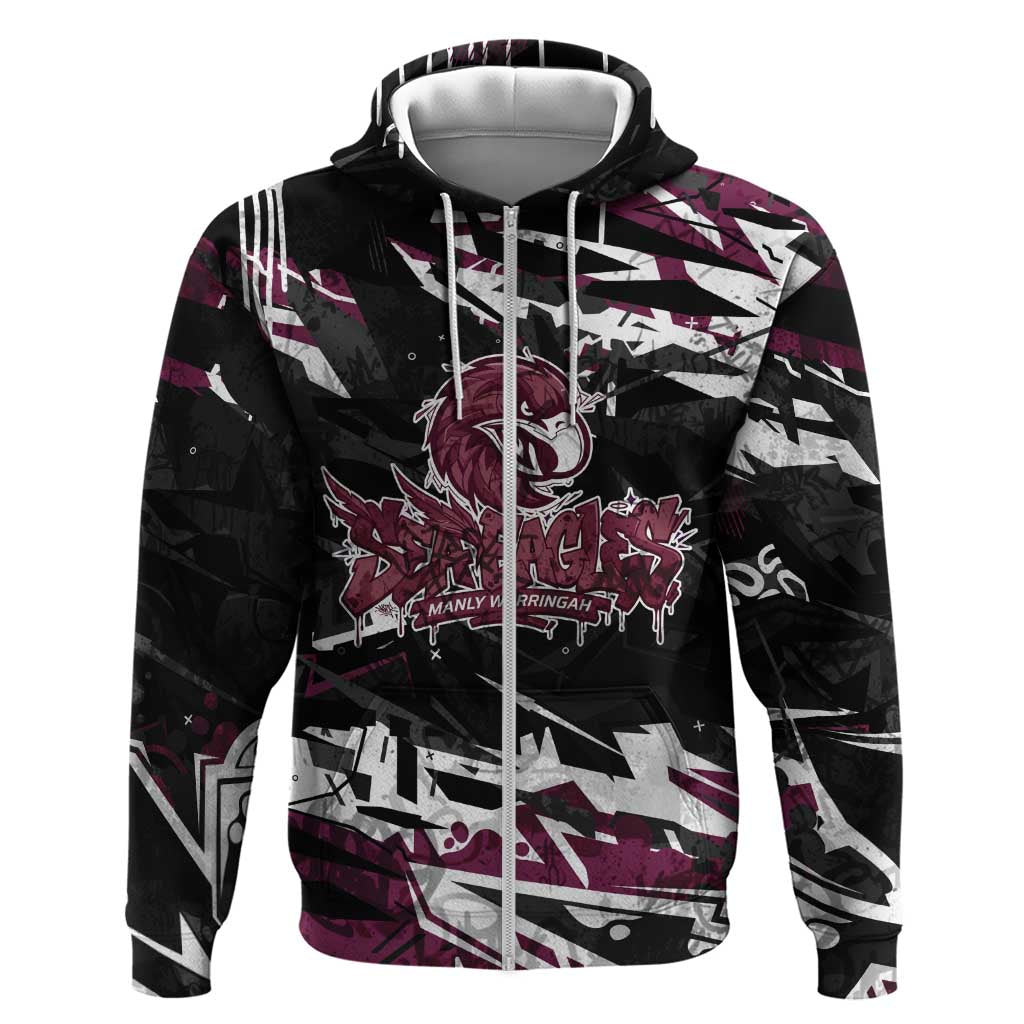 Personalized Manly Warringah Sea Eagles Zip Hoodie Graffiti Grunge Abstract Urban Street Style Design