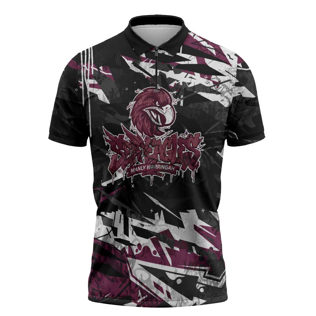 Personalized Manly Warringah Sea Eagles Zipper Polo Shirt Graffiti Grunge Abstract Urban Street Style Design