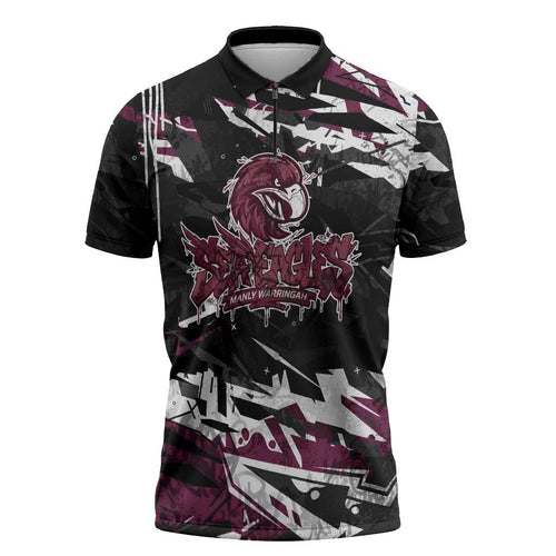 Personalized Manly Warringah Sea Eagles Zipper Polo Shirt Graffiti Grunge Abstract Urban Street Style Design