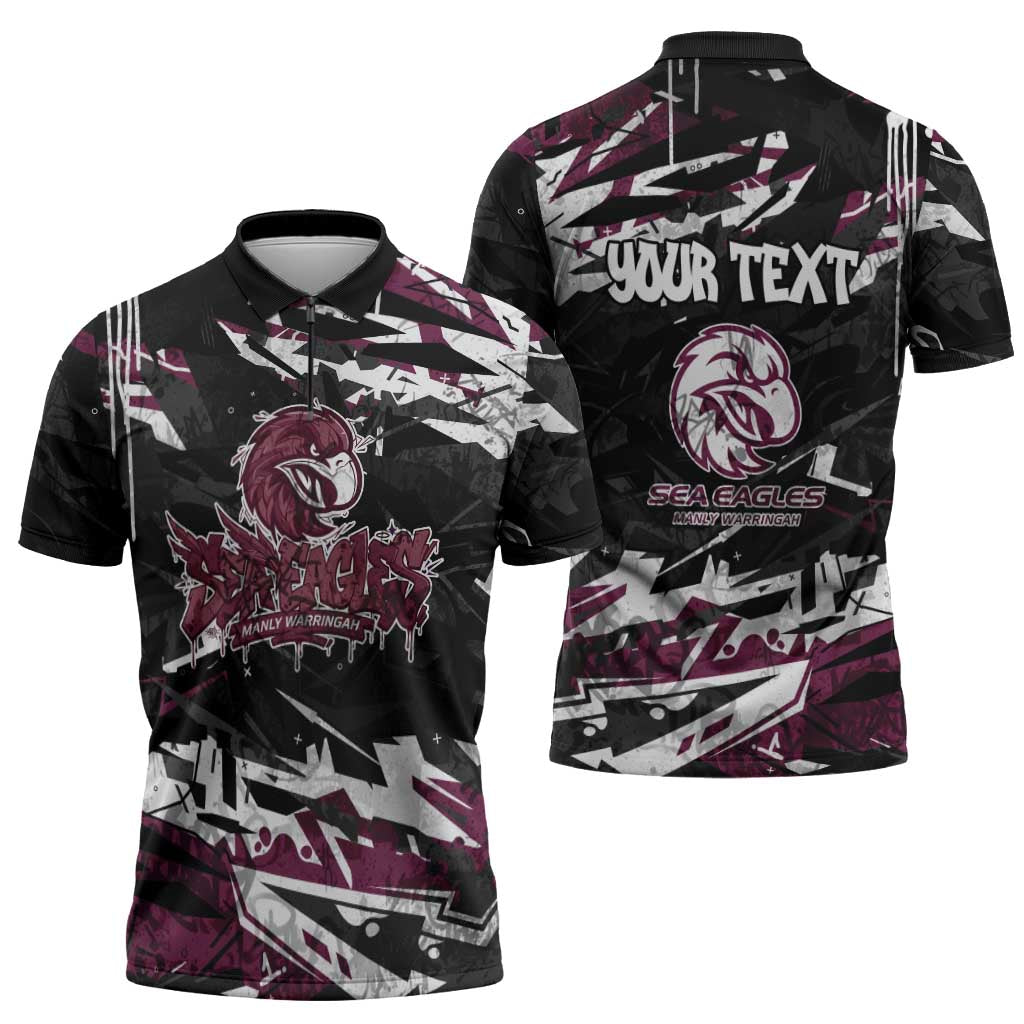Personalized Manly Warringah Sea Eagles Zipper Polo Shirt Graffiti Grunge Abstract Urban Street Style Design