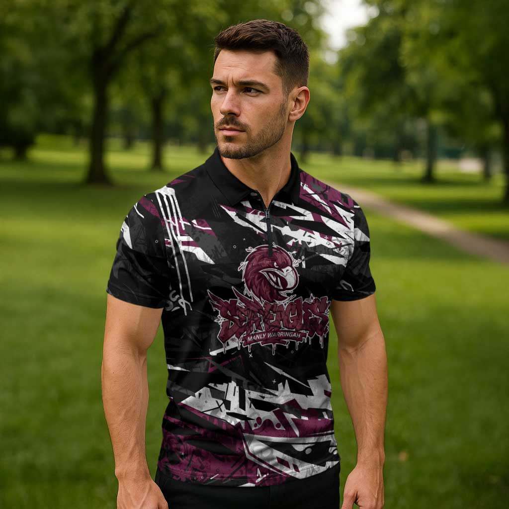 Personalized Manly Warringah Sea Eagles Zipper Polo Shirt Graffiti Grunge Abstract Urban Street Style Design