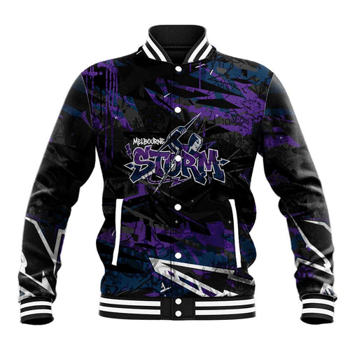 Personalized Melbourne Storm Baseball Jacket Graffiti Grunge Abstract Urban Street Style Design