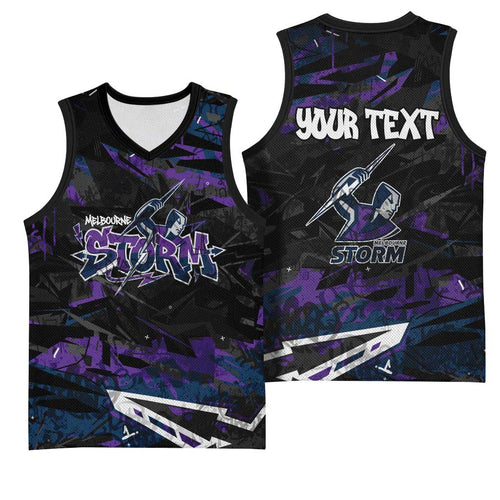 Personalized Melbourne Storm Basketball Jersey Graffiti Grunge Abstract Urban Street Style Design