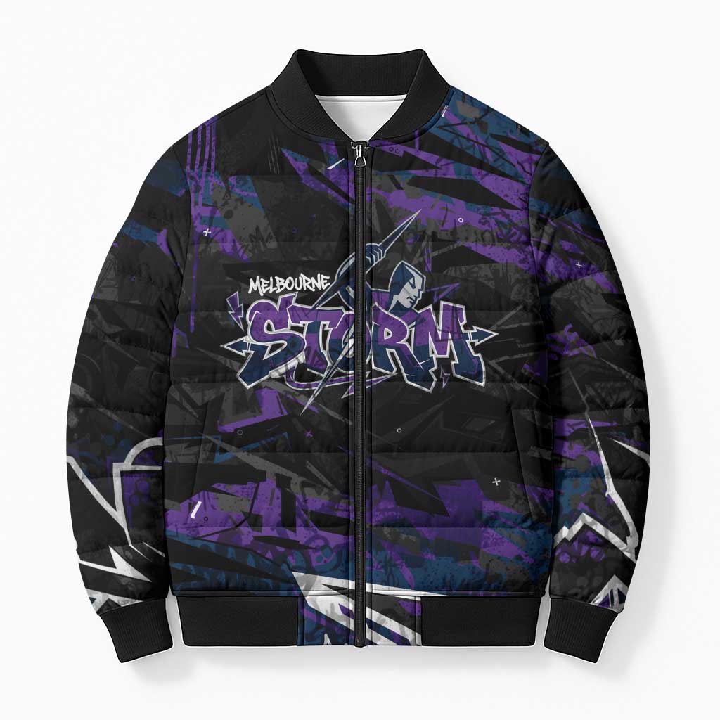 Personalized Melbourne Storm Bomber Puffer Jacket Graffiti Grunge Abstract Urban Street Style Design