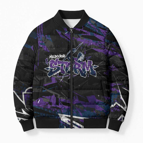 Personalized Melbourne Storm Bomber Puffer Jacket Graffiti Grunge Abstract Urban Street Style Design