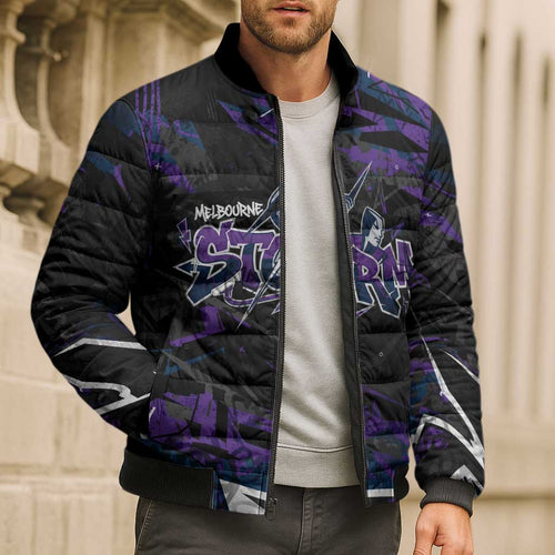 Personalized Melbourne Storm Bomber Puffer Jacket Graffiti Grunge Abstract Urban Street Style Design