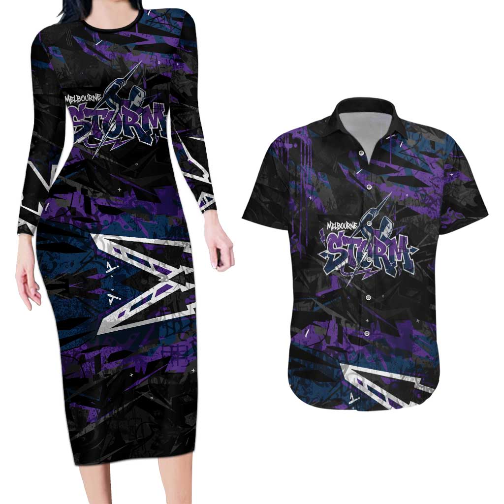 Personalized Melbourne Storm Couples Matching Long Sleeve Bodycon Dress and Hawaiian Shirt Graffiti Grunge Abstract Urban Street Style Design
