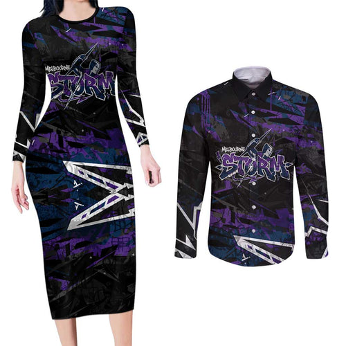 Personalized Melbourne Storm Couples Matching Long Sleeve Bodycon Dress and Long Sleeve Button Shirt Graffiti Grunge Abstract Urban Street Style Design