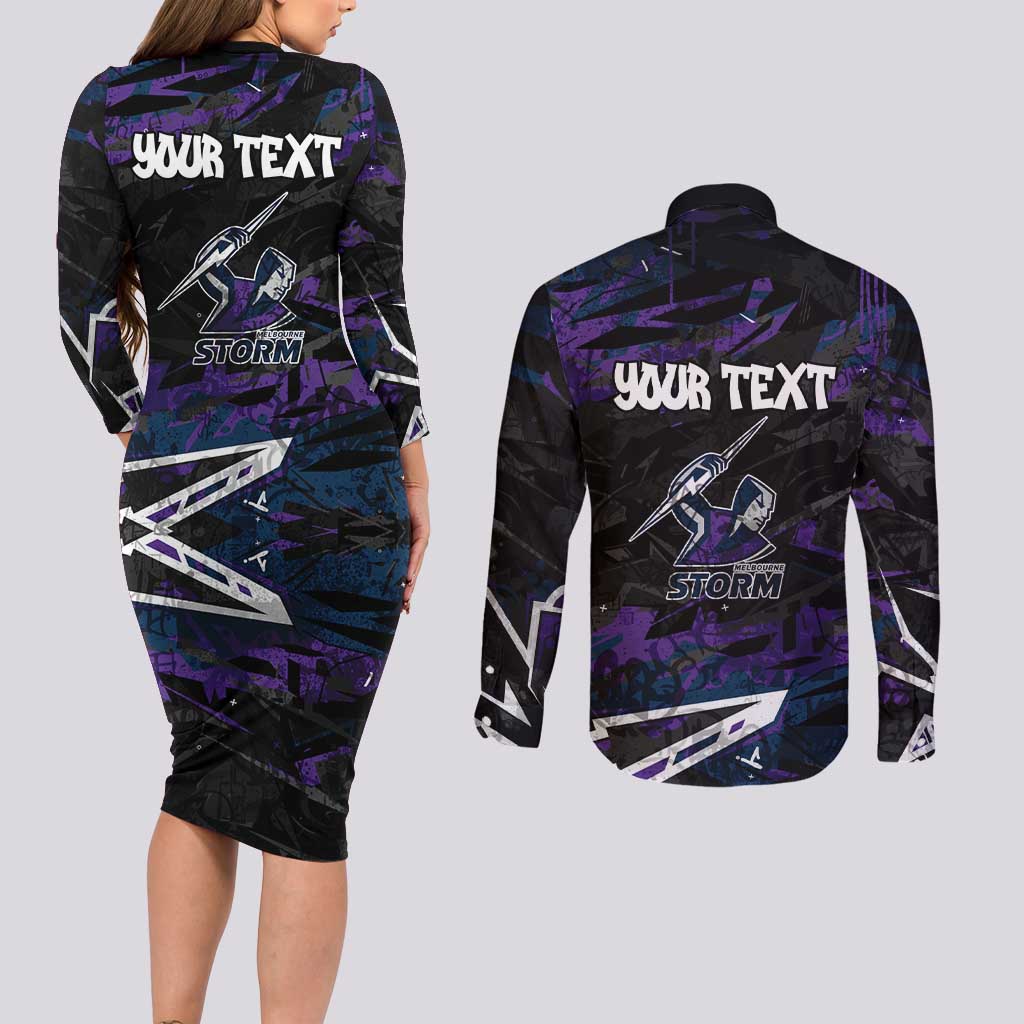 Personalized Melbourne Storm Couples Matching Long Sleeve Bodycon Dress and Long Sleeve Button Shirt Graffiti Grunge Abstract Urban Street Style Design
