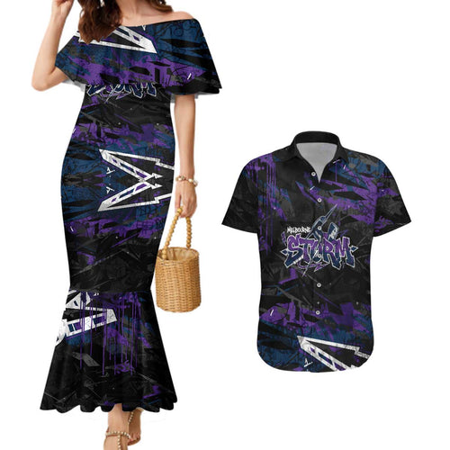 Personalized Melbourne Storm Couples Matching Mermaid Dress and Hawaiian Shirt Graffiti Grunge Abstract Urban Street Style Design
