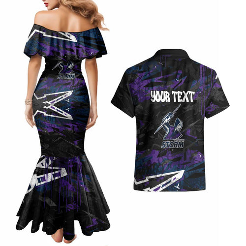Personalized Melbourne Storm Couples Matching Mermaid Dress and Hawaiian Shirt Graffiti Grunge Abstract Urban Street Style Design