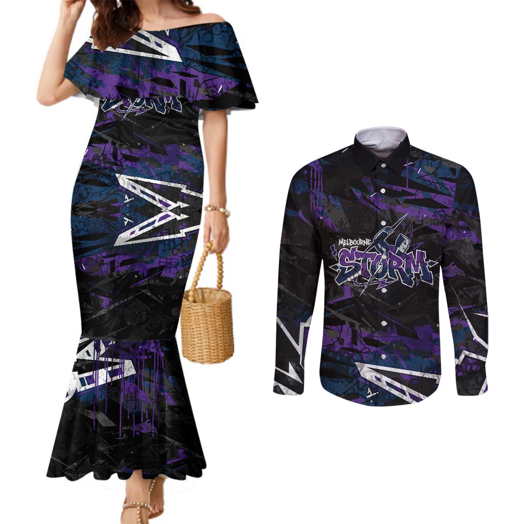 Personalized Melbourne Storm Couples Matching Mermaid Dress and Long Sleeve Button Shirt Graffiti Grunge Abstract Urban Street Style Design