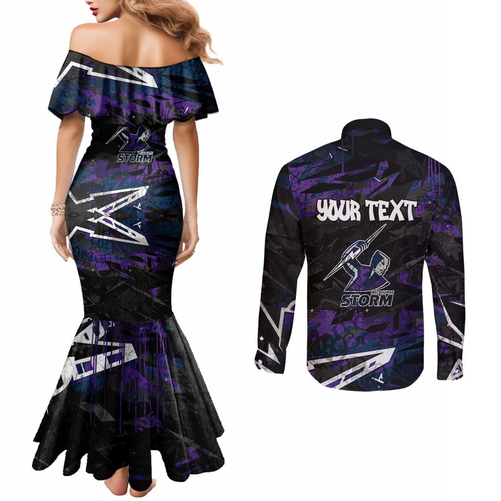 Personalized Melbourne Storm Couples Matching Mermaid Dress and Long Sleeve Button Shirt Graffiti Grunge Abstract Urban Street Style Design