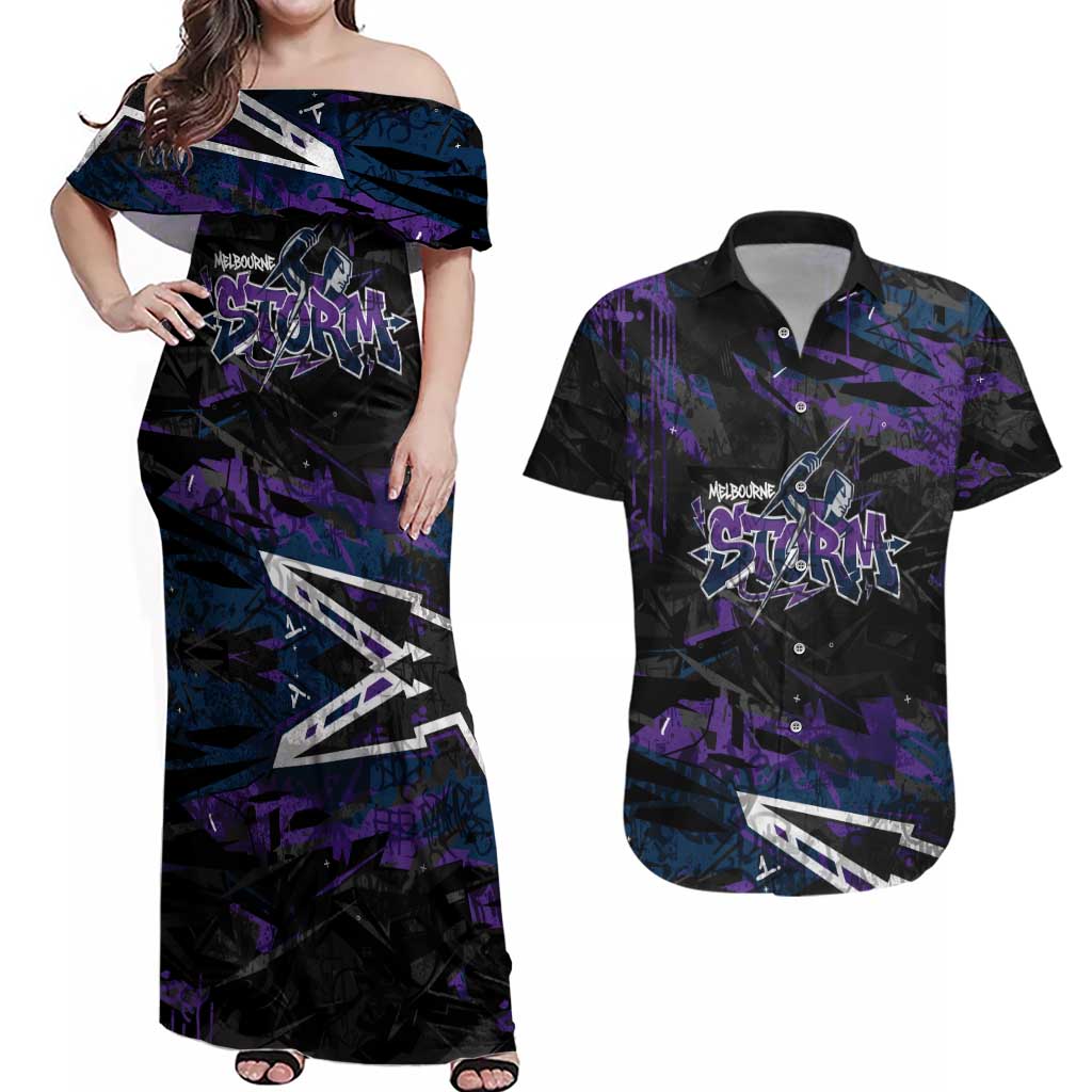 Personalized Melbourne Storm Couples Matching Off Shoulder Maxi Dress and Hawaiian Shirt Graffiti Grunge Abstract Urban Street Style Design