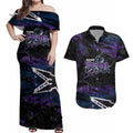 Personalized Melbourne Storm Couples Matching Off Shoulder Maxi Dress and Hawaiian Shirt Graffiti Grunge Abstract Urban Street Style Design