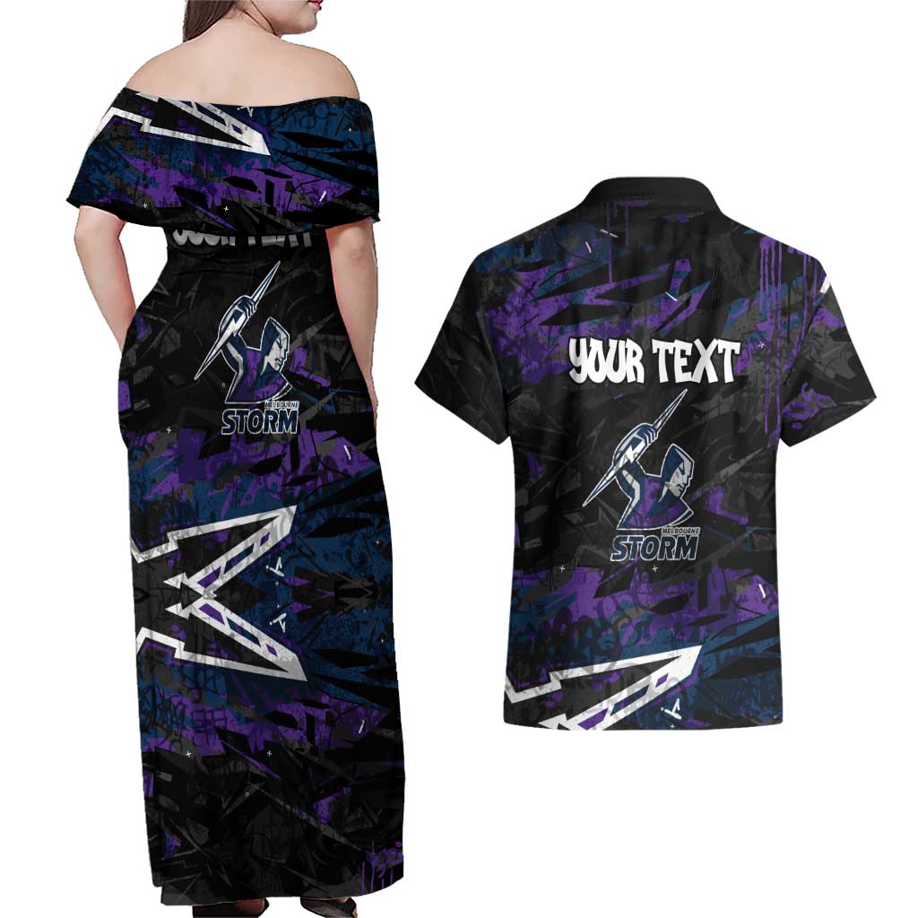 Personalized Melbourne Storm Couples Matching Off Shoulder Maxi Dress and Hawaiian Shirt Graffiti Grunge Abstract Urban Street Style Design