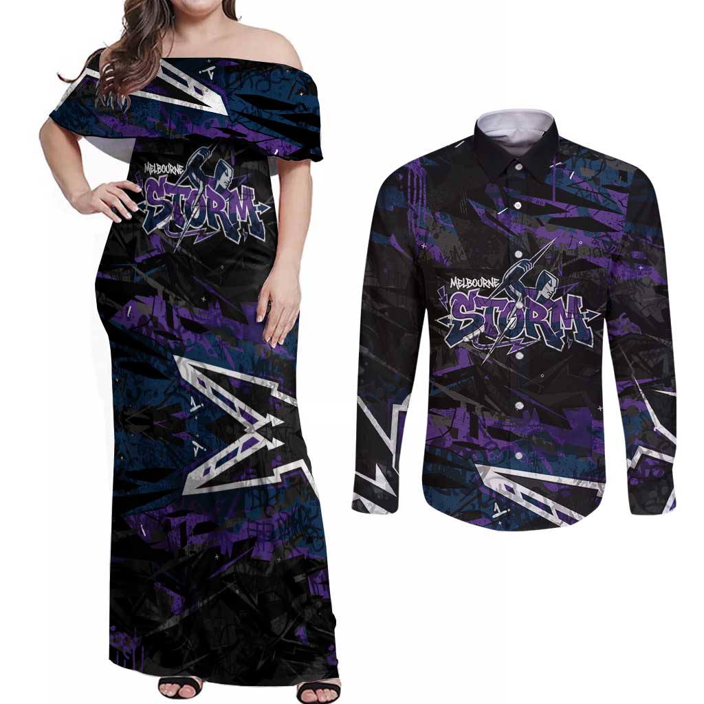 Personalized Melbourne Storm Couples Matching Off Shoulder Maxi Dress and Long Sleeve Button Shirt Graffiti Grunge Abstract Urban Street Style Design