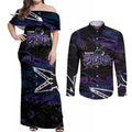 Personalized Melbourne Storm Couples Matching Off Shoulder Maxi Dress and Long Sleeve Button Shirt Graffiti Grunge Abstract Urban Street Style Design