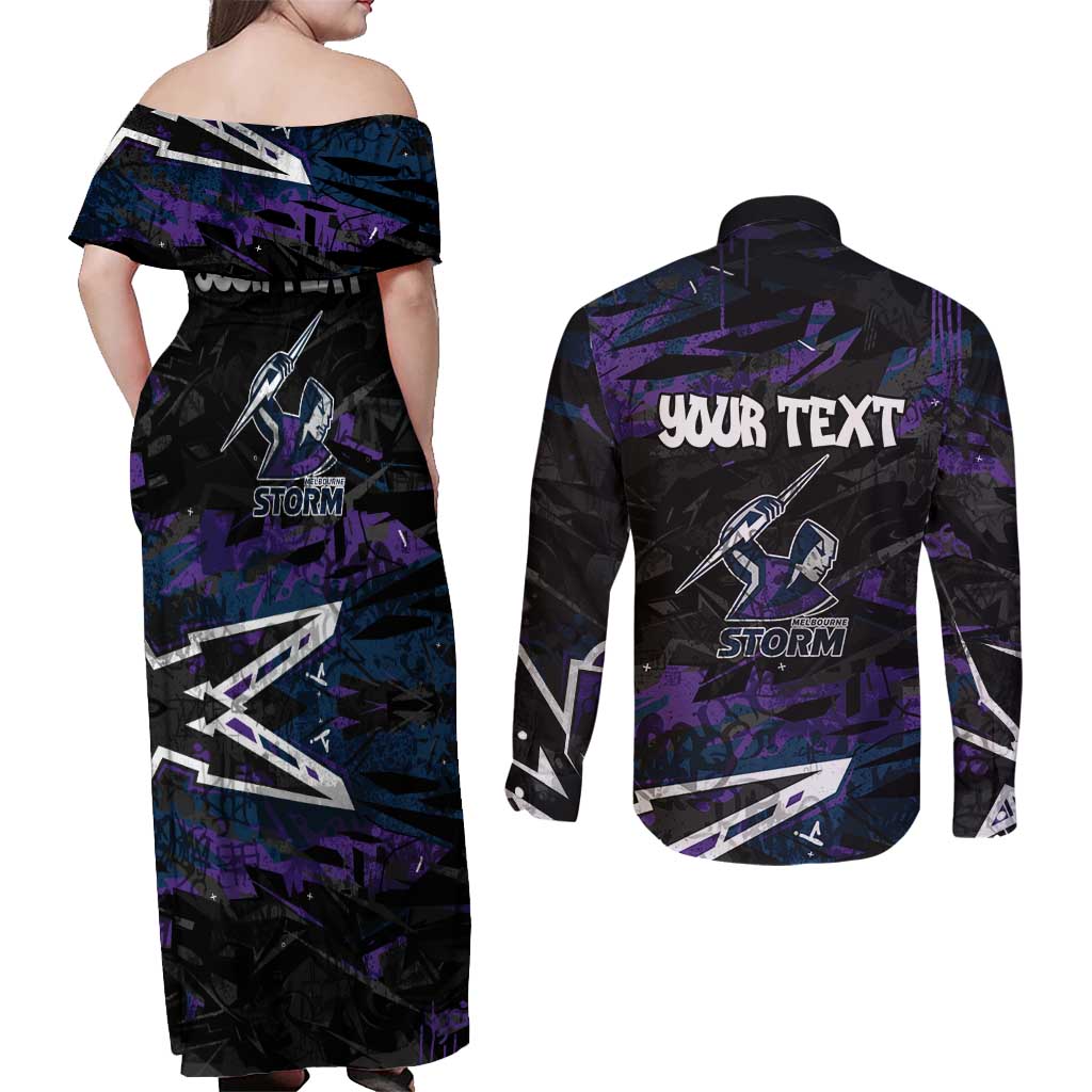 Personalized Melbourne Storm Couples Matching Off Shoulder Maxi Dress and Long Sleeve Button Shirt Graffiti Grunge Abstract Urban Street Style Design