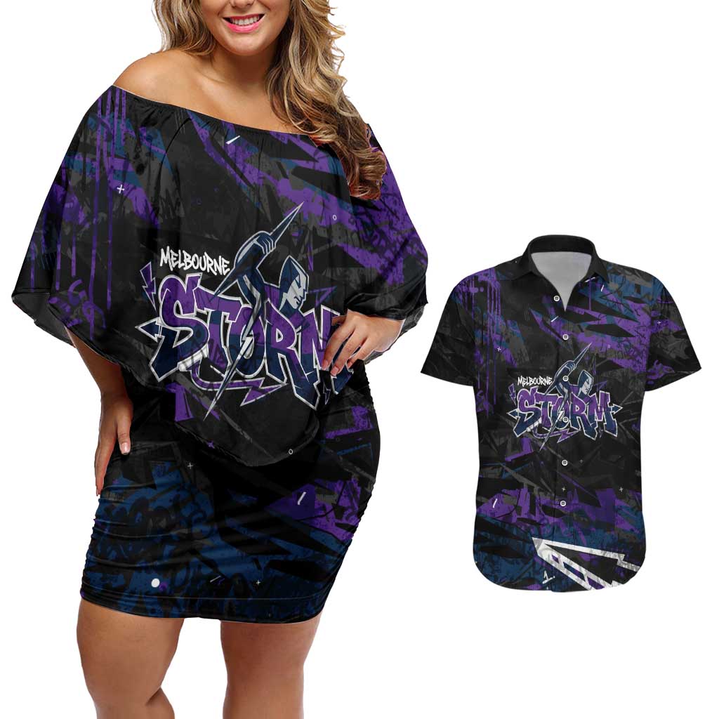 Personalized Melbourne Storm Couples Matching Off Shoulder Short Dress and Hawaiian Shirt Graffiti Grunge Abstract Urban Street Style Design