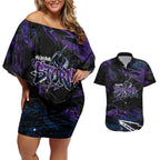 Personalized Melbourne Storm Couples Matching Off Shoulder Short Dress and Hawaiian Shirt Graffiti Grunge Abstract Urban Street Style Design
