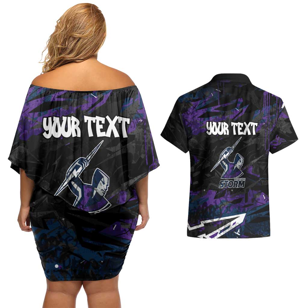 Personalized Melbourne Storm Couples Matching Off Shoulder Short Dress and Hawaiian Shirt Graffiti Grunge Abstract Urban Street Style Design