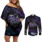 Personalized Melbourne Storm Couples Matching Off Shoulder Short Dress and Long Sleeve Button Shirt Graffiti Grunge Abstract Urban Street Style Design