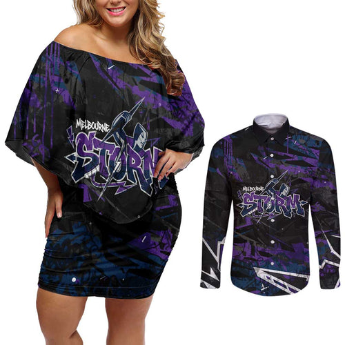 Personalized Melbourne Storm Couples Matching Off Shoulder Short Dress and Long Sleeve Button Shirt Graffiti Grunge Abstract Urban Street Style Design