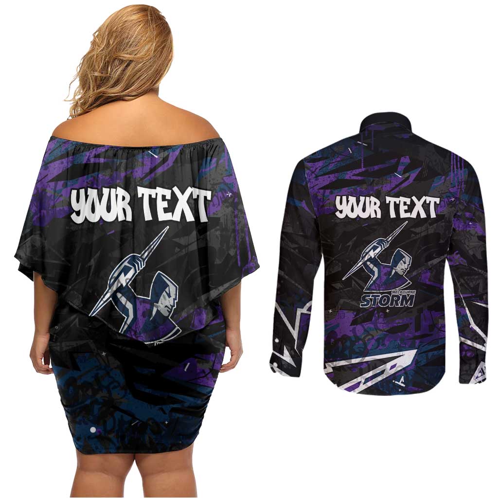 Personalized Melbourne Storm Couples Matching Off Shoulder Short Dress and Long Sleeve Button Shirt Graffiti Grunge Abstract Urban Street Style Design
