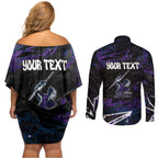 Personalized Melbourne Storm Couples Matching Off Shoulder Short Dress and Long Sleeve Button Shirt Graffiti Grunge Abstract Urban Street Style Design