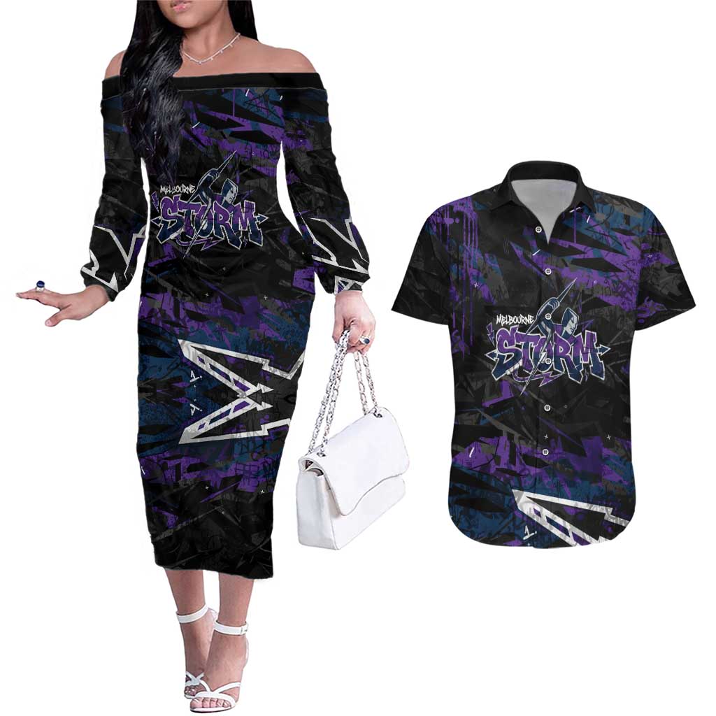 Personalized Melbourne Storm Couples Matching Off The Shoulder Long Sleeve Dress and Hawaiian Shirt Graffiti Grunge Abstract Urban Street Style Design