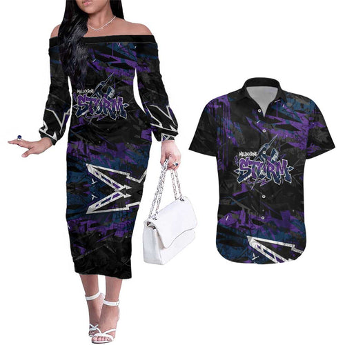 Personalized Melbourne Storm Couples Matching Off The Shoulder Long Sleeve Dress and Hawaiian Shirt Graffiti Grunge Abstract Urban Street Style Design