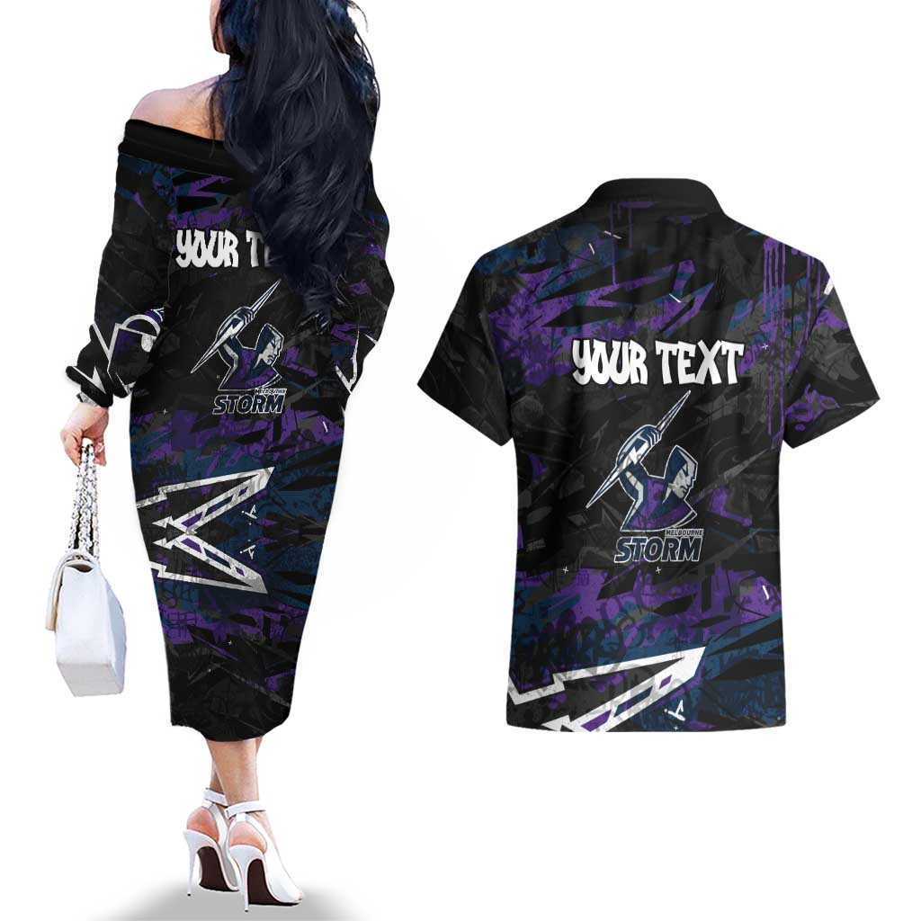 Personalized Melbourne Storm Couples Matching Off The Shoulder Long Sleeve Dress and Hawaiian Shirt Graffiti Grunge Abstract Urban Street Style Design