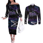 Personalized Melbourne Storm Couples Matching Off The Shoulder Long Sleeve Dress and Long Sleeve Button Shirt Graffiti Grunge Abstract Urban Street Style Design