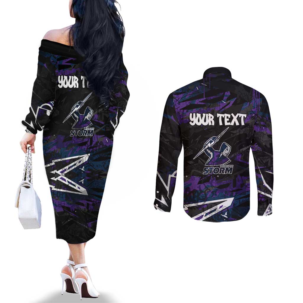 Personalized Melbourne Storm Couples Matching Off The Shoulder Long Sleeve Dress and Long Sleeve Button Shirt Graffiti Grunge Abstract Urban Street Style Design
