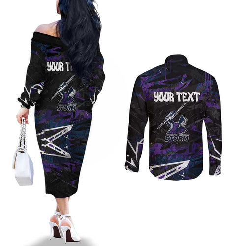 Personalized Melbourne Storm Couples Matching Off The Shoulder Long Sleeve Dress and Long Sleeve Button Shirt Graffiti Grunge Abstract Urban Street Style Design