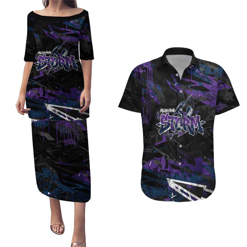 Personalized Melbourne Storm Couples Matching Puletasi and Hawaiian Shirt Graffiti Grunge Abstract Urban Street Style Design
