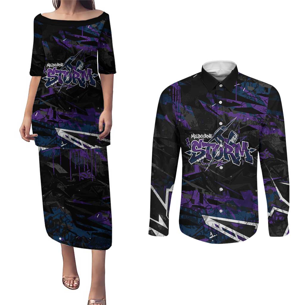 Personalized Melbourne Storm Couples Matching Puletasi and Long Sleeve Button Shirt Graffiti Grunge Abstract Urban Street Style Design