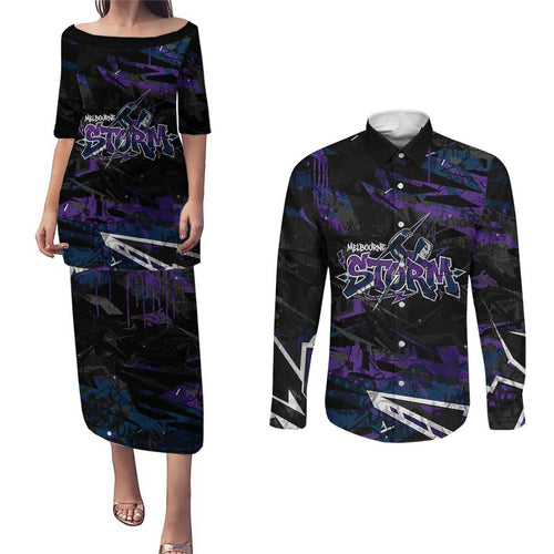 Personalized Melbourne Storm Couples Matching Puletasi and Long Sleeve Button Shirt Graffiti Grunge Abstract Urban Street Style Design